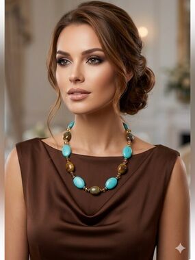 Cynthia Gale Faux Turquoise & Brown Beaded Statement Necklace 21”